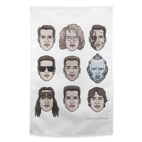 The many faces of Schwarzenegger - funny tea towel by Dale Cullinane