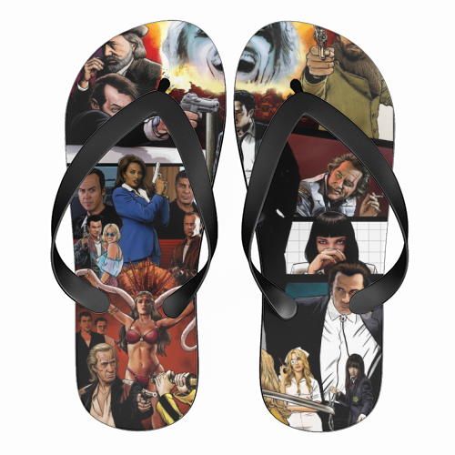 The Tarantinoverse - Pulp Fiction, Reservoir Dogs, Django Unchained, Kill Bill & More - funny flip flops by Dan Avenell