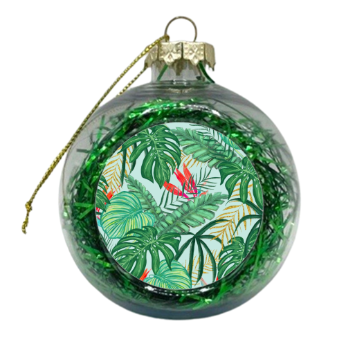 The Tropics | Jungle Botanical Bird of Paradise Illustration | Forest Palm Monstera Banana Leaves - xmas bauble by Uma Prabhakar Gokhale