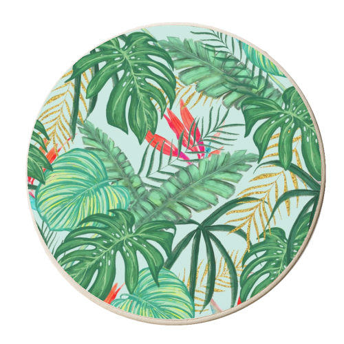The Tropics | Jungle Botanical Bird of Paradise Illustration | Forest Palm Monstera Banana Leaves - personalised beer coaster by Uma Prabhakar Gokhale