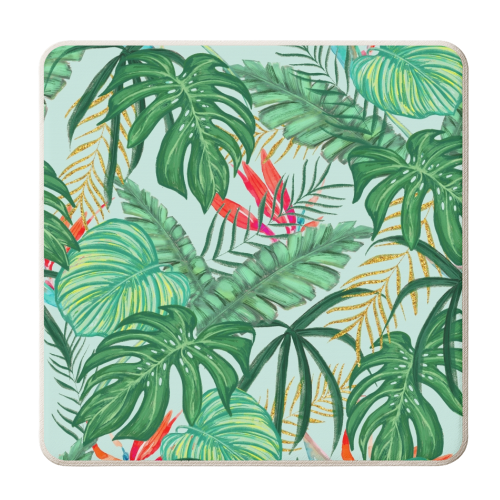 The Tropics | Jungle Botanical Bird of Paradise Illustration | Forest Palm Monstera Banana Leaves - personalised beer coaster by Uma Prabhakar Gokhale