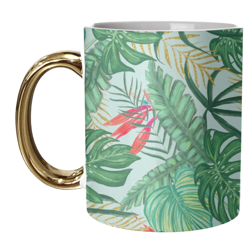 The Tropics | Jungle Botanical Bird of Paradise Illustration | Forest Palm Monstera Banana Leaves - unique mug by Uma Prabhakar Gokhale