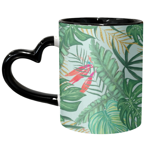 The Tropics | Jungle Botanical Bird of Paradise Illustration | Forest Palm Monstera Banana Leaves - unique mug by Uma Prabhakar Gokhale