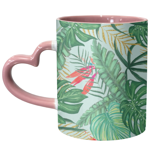 The Tropics | Jungle Botanical Bird of Paradise Illustration | Forest Palm Monstera Banana Leaves - unique mug by Uma Prabhakar Gokhale