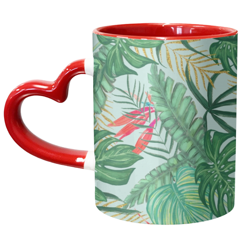 The Tropics | Jungle Botanical Bird of Paradise Illustration | Forest Palm Monstera Banana Leaves - unique mug by Uma Prabhakar Gokhale