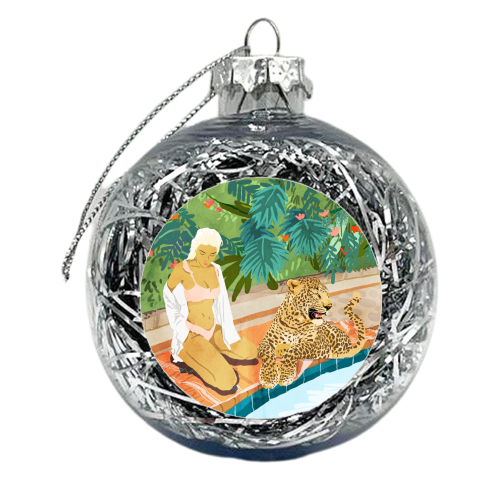 The Wild Side, Human & Nature Connection, Woman With Cheetah Cat, Tiger Painting - xmas bauble by Uma Prabhakar Gokhale