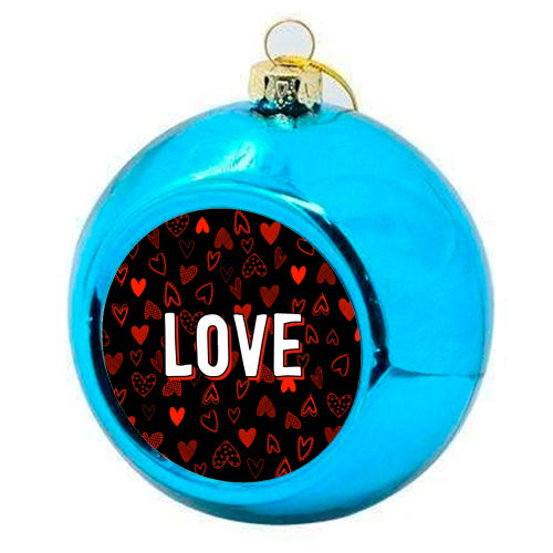 The Word Love (red hearts version) - colourful christmas bauble by Adam Regester