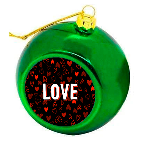 The Word Love (red hearts version) - colourful christmas bauble by Adam Regester