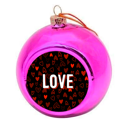 The Word Love (red hearts version) - colourful christmas bauble by Adam Regester