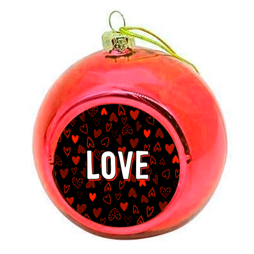 The Word Love (red hearts version) - colourful christmas bauble by Adam Regester