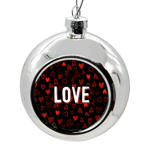 The Word Love (red hearts version) - colourful christmas bauble by Adam Regester