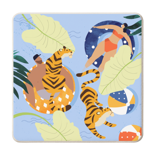 This Summer Illustration, Swimming Pool Tiger, Wildlife Quirky Fun Couple Love - personalised beer coaster by Uma Prabhakar Gokhale