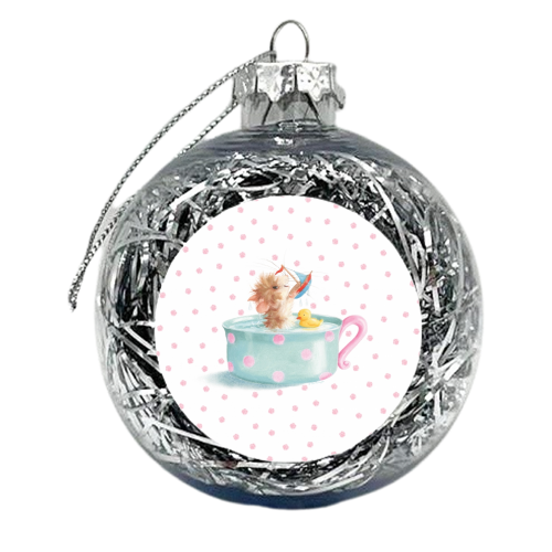 Tifft Mouse taking a Teacup Bath - Pink Dots - xmas bauble by Tina Macnaughton