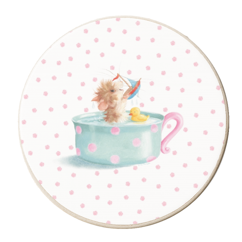 Tifft Mouse taking a Teacup Bath - Pink Dots - personalised beer coaster by Tina Macnaughton