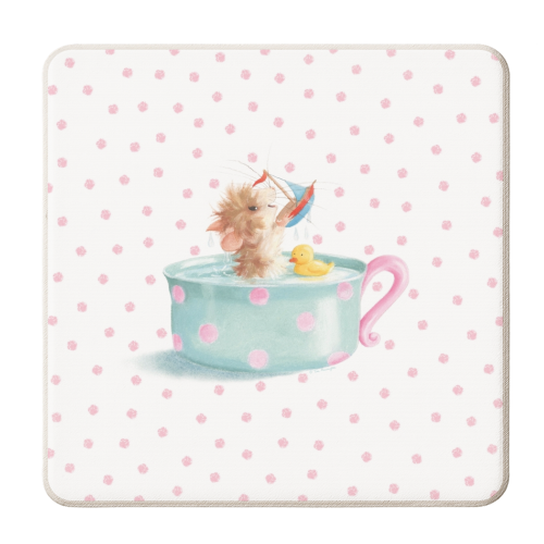 Tifft Mouse taking a Teacup Bath - Pink Dots - personalised beer coaster by Tina Macnaughton