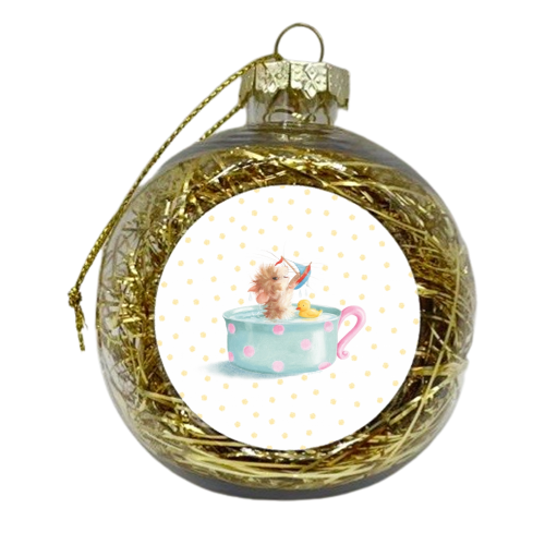 Tiffy Mouse Taking a Teacup Bath - Yellow Dots - xmas bauble by Tina Macnaughton