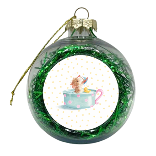 Tiffy Mouse Taking a Teacup Bath - Yellow Dots - xmas bauble by Tina Macnaughton