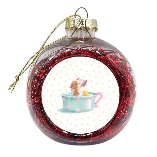 Tiffy Mouse Taking a Teacup Bath - Yellow Dots - xmas bauble by Tina Macnaughton