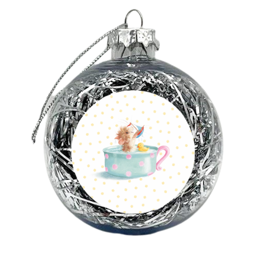 Tiffy Mouse Taking a Teacup Bath - Yellow Dots - xmas bauble by Tina Macnaughton