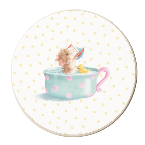Tiffy Mouse Taking a Teacup Bath - Yellow Dots - personalised beer coaster by Tina Macnaughton