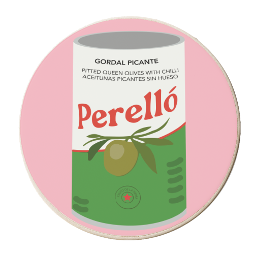 Tin of Perello Olives in Pink Illustration - personalised beer coaster by Move Studio