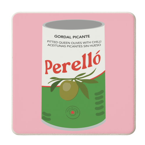 Tin of Perello Olives in Pink Illustration - personalised beer coaster by Move Studio