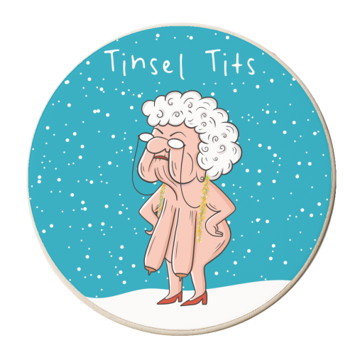 Tinsel Tits Funny Naked old lady Christmas Design - personalised beer coaster by AbiGoLucky