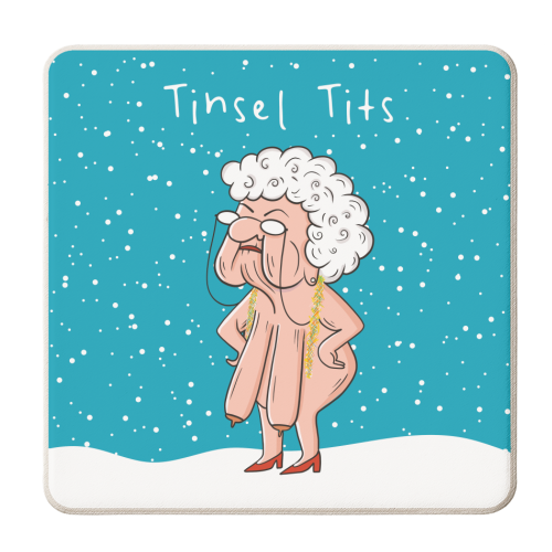 Tinsel Tits Funny Naked old lady Christmas Design - personalised beer coaster by AbiGoLucky