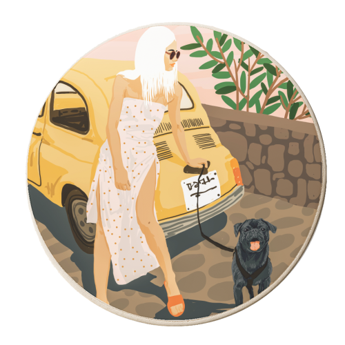 Tour, Pet Dog Walk, Italy Summer Fashion Woman, Animal Illustration, Travel Bohemian Cooper Painting - personalised beer coaster by Uma Prabhakar Gokhale