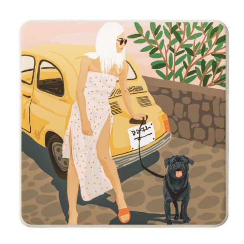 Tour, Pet Dog Walk, Italy Summer Fashion Woman, Animal Illustration, Travel Bohemian Cooper Painting - personalised beer coaster by Uma Prabhakar Gokhale