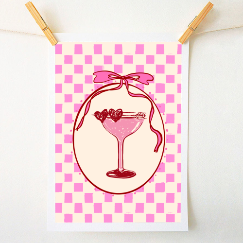 Trendy Pink Coquette Checkered Cocktail Illustration - A1 - A4 art print by EZbie