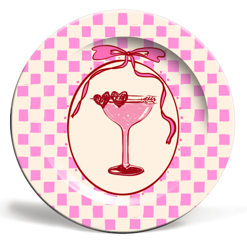 Trendy Pink Coquette Checkered Cocktail Illustration - ceramic dinner plate by EZbie
