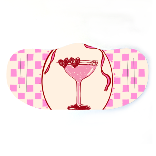 Trendy Pink Coquette Checkered Cocktail Illustration - face cover mask by EZbie