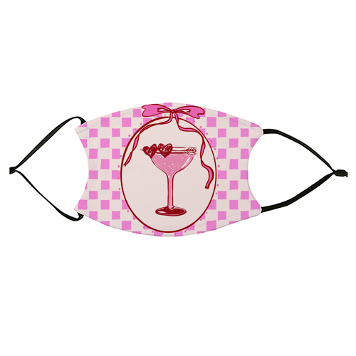 Trendy Pink Coquette Checkered Cocktail Illustration - face cover mask by EZbie