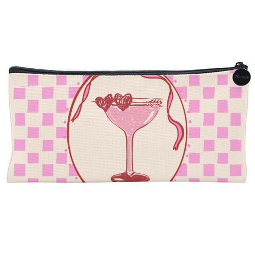 Trendy Pink Coquette Checkered Cocktail Illustration - flat pencil case by EZbie