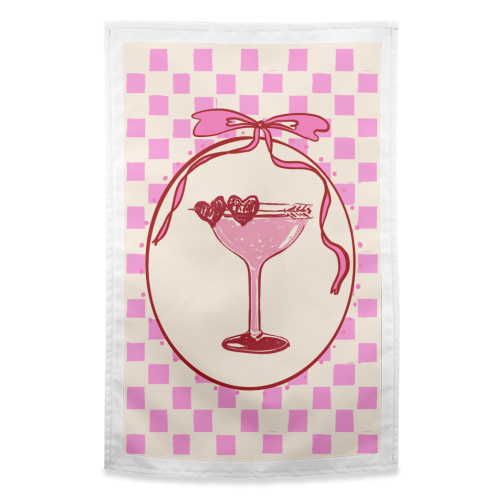 Trendy Pink Coquette Checkered Cocktail Illustration - funny tea towel by EZbie