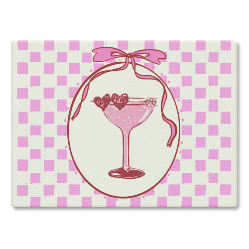 Trendy Pink Coquette Checkered Cocktail Illustration - glass chopping board by EZbie