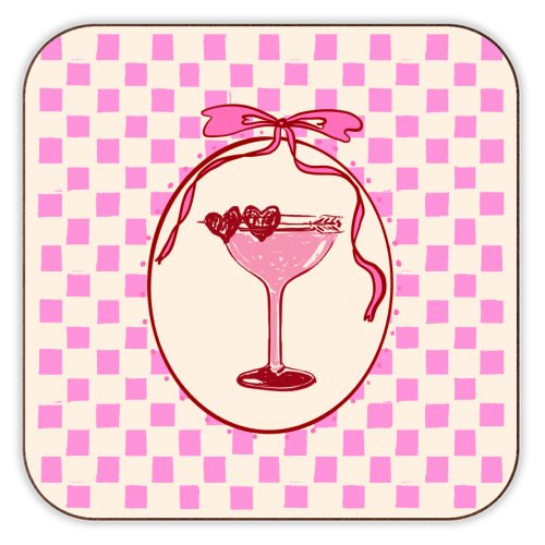 Trendy Pink Coquette Checkered Cocktail Illustration - personalised beer coaster by EZbie