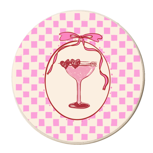 Trendy Pink Coquette Checkered Cocktail Illustration - personalised beer coaster by EZbie