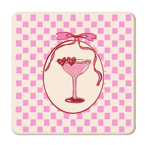 Trendy Pink Coquette Checkered Cocktail Illustration - personalised beer coaster by EZbie