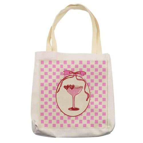 Trendy Pink Coquette Checkered Cocktail Illustration - printed canvas tote bag by EZbie