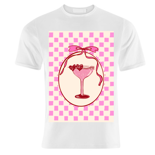 Trendy Pink Coquette Checkered Cocktail Illustration - unique t shirt by EZbie