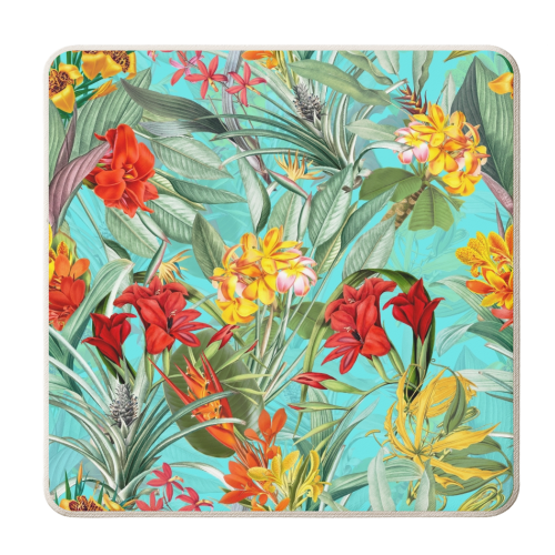 Tropical Flower Jungle on teal - personalised beer coaster by Uta Naumann