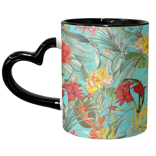 Tropical Flower Jungle on teal - unique mug by Uta Naumann