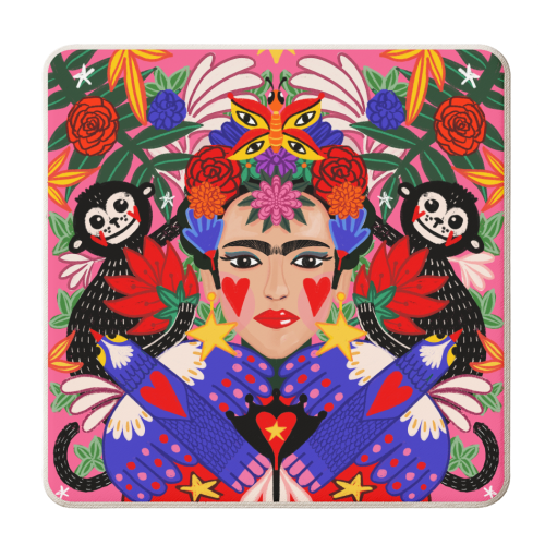 TROPICAL  FRIDA IN PINK - personalised beer coaster by Nichola Cowdery