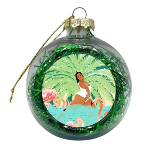 Tropical Summer Water Yoga with Palm & Flamingos | Woman of Color Black Woman Body Positivity - xmas bauble by Uma Prabhakar Gokhale