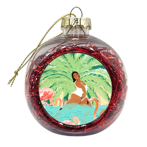 Tropical Summer Water Yoga with Palm & Flamingos | Woman of Color Black Woman Body Positivity - xmas bauble by Uma Prabhakar Gokhale