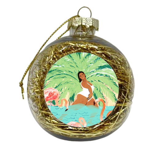 Tropical Summer Water Yoga with Palm & Flamingos | Woman of Color Black Woman Body Positivity - xmas bauble by Uma Prabhakar Gokhale