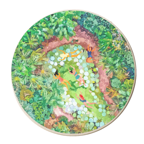 Tropical Vacay | Rainforest Jungle Botanical Lush Nature | Summer Lake People Swim | Boho Painting - personalised beer coaster by Uma Prabhakar Gokhale