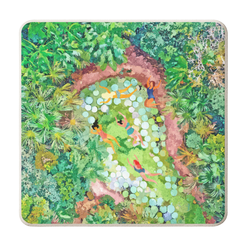 Tropical Vacay | Rainforest Jungle Botanical Lush Nature | Summer Lake People Swim | Boho Painting - personalised beer coaster by Uma Prabhakar Gokhale